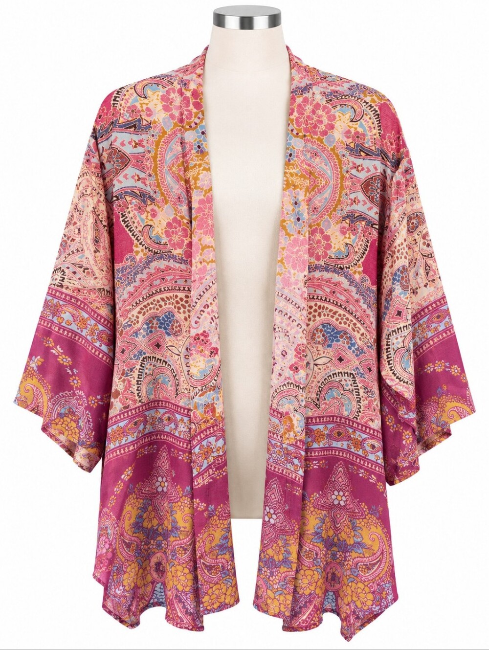 Soft Surroundings Boho Kimono Cardigan MP Pink Paisley Open Front Duster Jacket